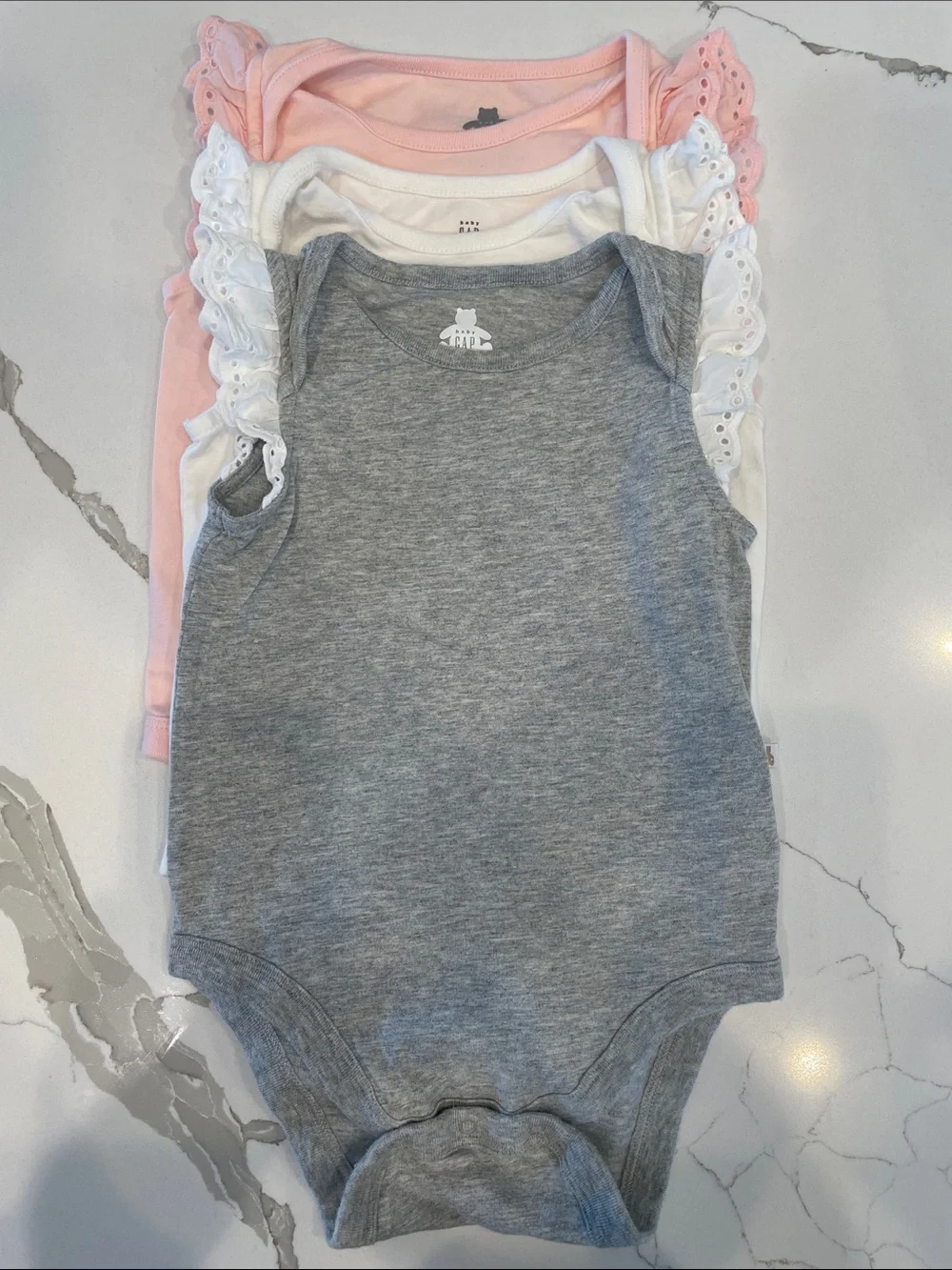 GAP Sleeveless Ruffled Eyelet Bodysuit Set - Gray, White, Light Pink (3-Pack)